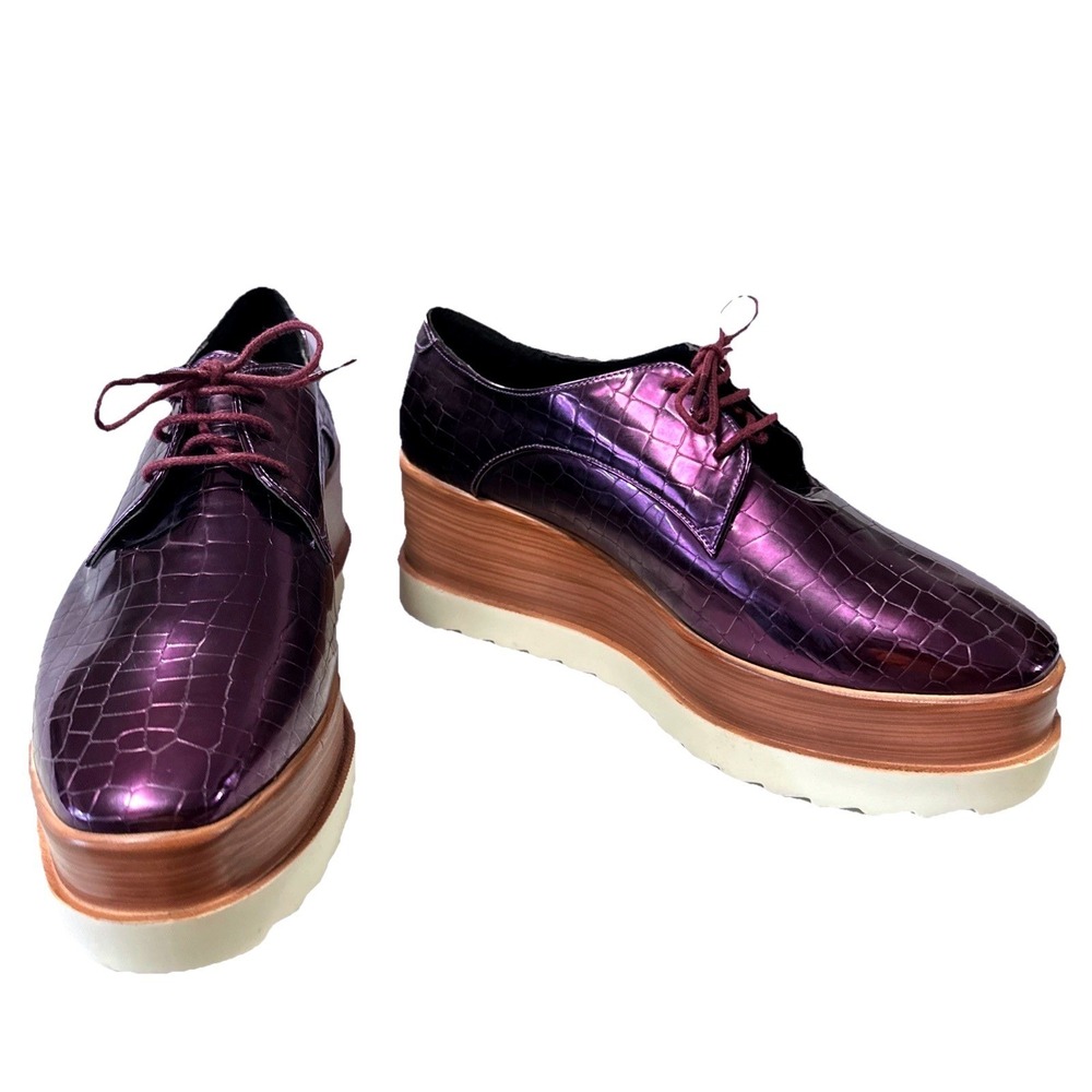 Platform Oxfords Crocodile Embossed Wedge Heel Lace Up Shoes